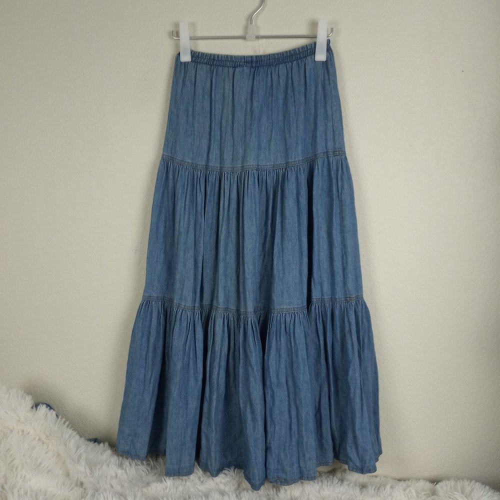 Karen Kane Teired Denim Maxi Skirt Vintage Chambray Jean Size 6 Layered
